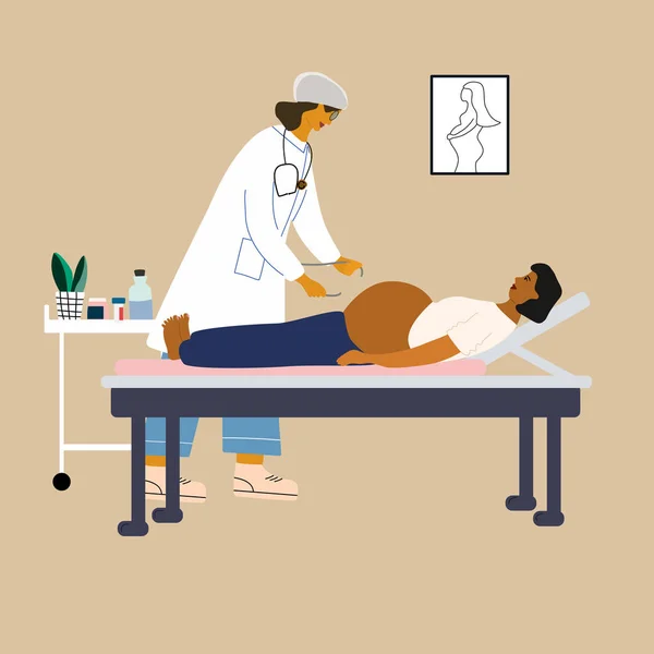 Concepto de embarazo saludable. Doctor examinando a una mujer embarazada. Ginecólogo obstétrico midiendo el tamaño de la pelvis. Ilustración plana vector colorido . — Archivo Imágenes Vectoriales