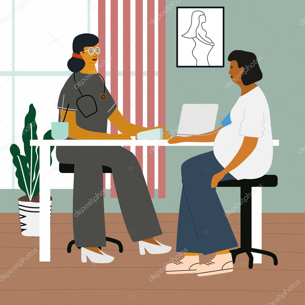 Healthy pregnancy concept. Doctor examining a pregnant woman at the medical clinic. Gynecologist measuring  blood pressure of her pregnant patient. Flat colorful vector illustration.