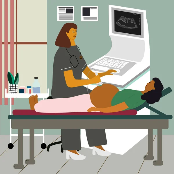 Ecografía del embarazo. Médico o ginecólogo monitoreando y examinando a una mujer embarazada en el procedimiento de ultrasonografía en la clínica. Ilustración vectorial plana . — Archivo Imágenes Vectoriales