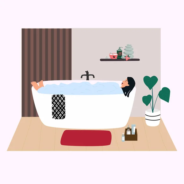 Женщина отдыхает в ванне с пузырьками. Молодая девушка принимает ванну в ванной. Милый интерьер в модном скандинавском стиле. Обычная рутина. Плоский вектор в стиле милого мультфильма — стоковый вектор