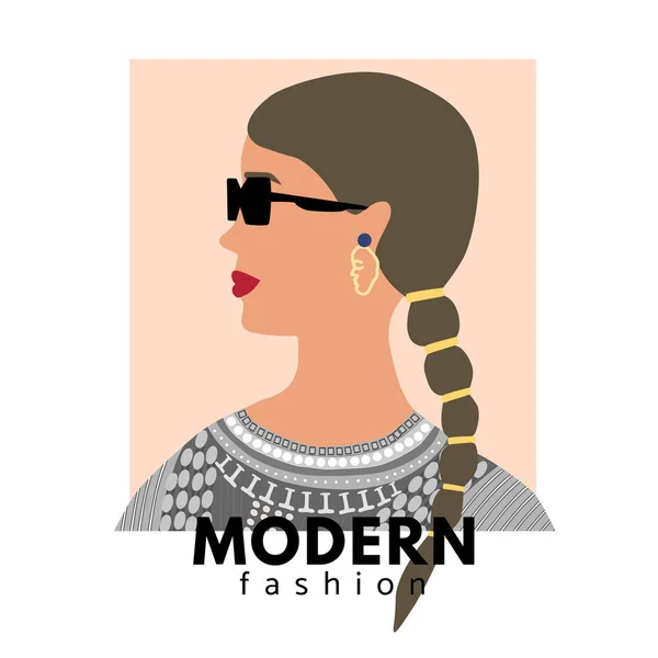 Μόδα γυναίκα προφίλ πορτρέτο με μοντέρνα κοτσίδα. Κομψό φόρεμα, ταινία και γυαλιά. Μοντέρνο κείμενο μόδας. Εικονογράφηση διάνυσμα για εκτύπωση, t-shirt σχεδιασμό, αφίσα, πανό, τσάντα tote. — Διανυσματικό Αρχείο
