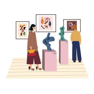Çağdaş sanat galerisini ziyaret eden kadın. Yaratıcı soyut tablolarla, sergilerle, müzede sergilerle çevrili genç bir kız. Günlük rutin. Düz renkli vektör çizimi.