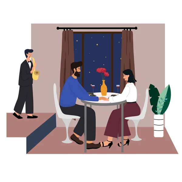 Joli couple assis à table, buvant du vin et parlant. Homme et femme au café à un rendez-vous. Conversation romantique. Saxophoniste jouant de la musique au restaurant. Illustration vectorielle dessin animé plat . — Image vectorielle