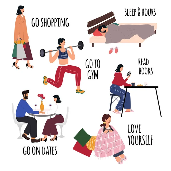 Love yourself Vektor Set. Happy Lifestyle Poster. Motivation für Frauen, sich Zeit für sich selbst zu nehmen: Einkaufen gehen, ins Fitnessstudio gehen, 8 Stunden schlafen, Bücher lesen, Termine wahrnehmen, Gesundheitsversorgung. Cartoon-Flachvektor — Stockvektor