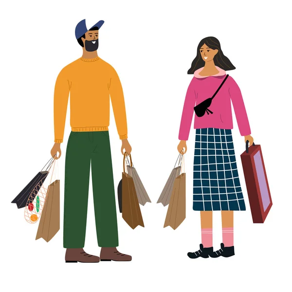 Щаслива жінка і чоловік стоять разом і тримають сумки з покупками. Мила пара або родина купують. Мультиплікаційні персонажі ізольовані на білому тлі. Барвисті плоскі Векторні ілюстрації . — стоковий вектор