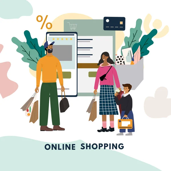 Online-Shopping-Konzept für App, Website-Banner, Landing-Page-Vorlage. glückliche Familie, die nach dem Einkauf aus dem Einzelhandel App aus dem virtuellen Geschäft zusammen steht. flache Cartoon-Illustration. Kaufprozess. — Stockvektor