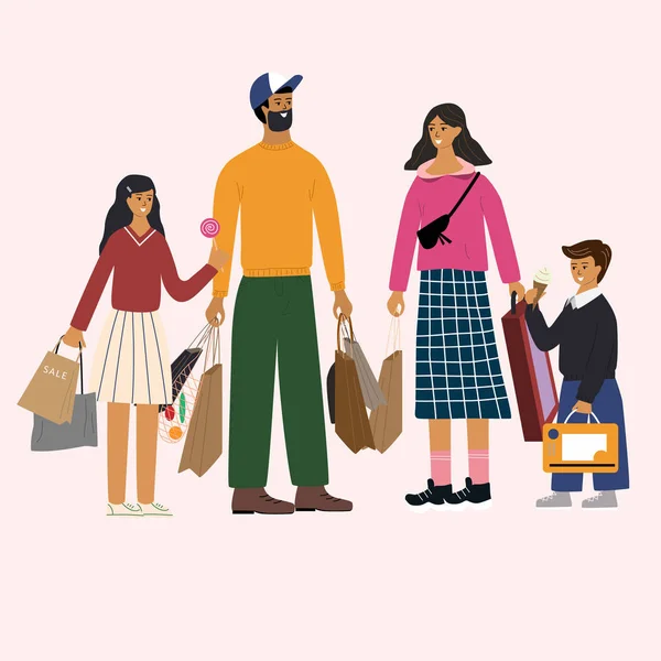 Щаслива сім'я, що стоїть разом і тримає сумки з покупками. Милий тато, мама, дочка і син купують. Мультиплікаційні персонажі ізольовані на білому тлі. Барвисті плоскі Векторні ілюстрації . — стоковий вектор