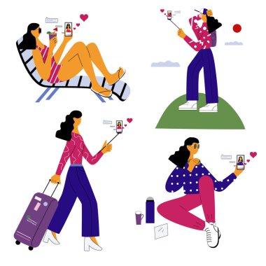 Seyahat blogcusu ayarlandı. Seyahat eden ve internetteki takipçilerle ilginç içerikler paylaşan genç bir kadın. Trip Streaming: plaj, havaalanı, dağlar, şehir. Düz vektör illüstrasyonu.