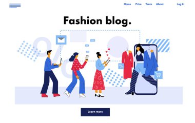İnternet sitesi sosyal medya blogları ve etkili konsepti. Takipçiler için moda blogcusu tanıtım servisi. Moda çizgi film tarzında düz vektör illüstrasyonu.