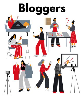 Blogcular. Bir grup genç insan sosyal medyayla farklı şekillerde iletişim kuruyor. Moda, yemek, iş, güzellik blogu. Etkilenme konsepti. Düz vektör illüstrasyonu