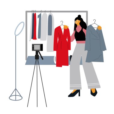 Moda blogcusu kendi tarzını bulmanı ve kıyafet alarak doğru seçimi yapmanı tavsiye ediyor. Genç kız takipçilerle video paylaşıyor. Etkilenme konsepti. Düz vektör illüstrasyonu