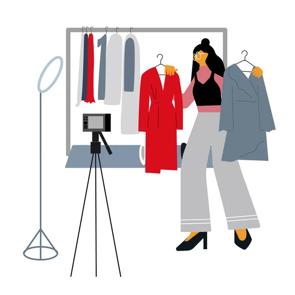 Mode blogger geven adviezen hoe vind je een eigen stijl en maak de juiste keuze kopen van kleding. Jong meisje deelt video met volgers. Influencer concept. Platte vectorillustratie — Stockvector