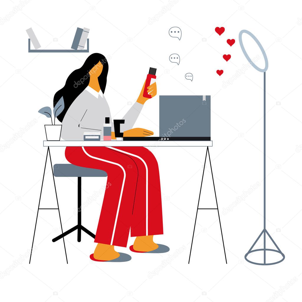 Beauty blogger giving advices how to use cosmetics or cream for make up and face care. Young girl sharing video with followers. Influencer concept. Flat vector illustration