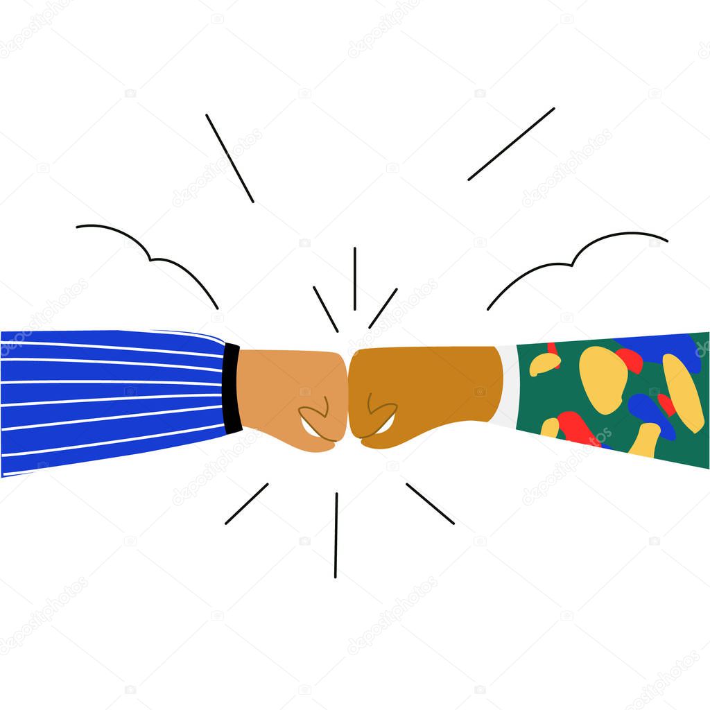 Best friends bumping fists  to each other. Friendship  and respect concept. Teamwork symbol motivation to achieve results in work.Flat doodle illustration in cute cartoon