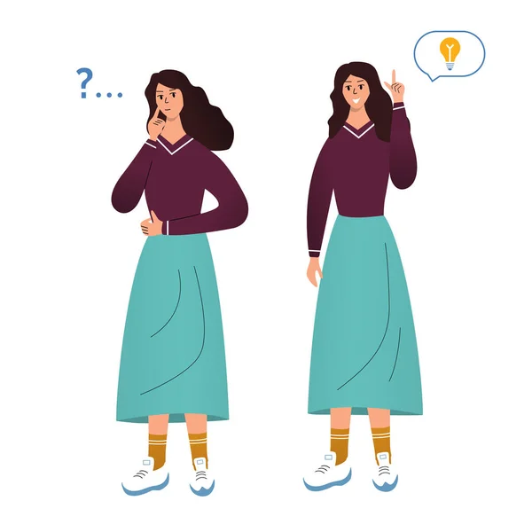 Pensive girl is thinking, question mark. Happy woman have idea, she found right decision. Cartoon character design, flat vector illustration. — Stock Vector