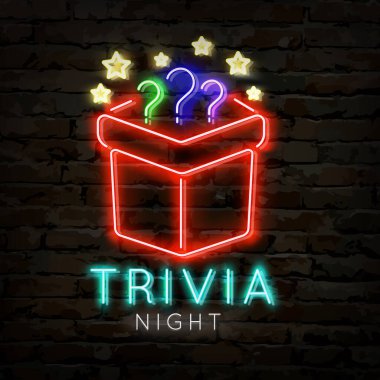 Trivia night neon logo symbol. Quiz pub poster or banner template for night or bar party with thematic brainy games, answering questions. Flat vector illustration. clipart