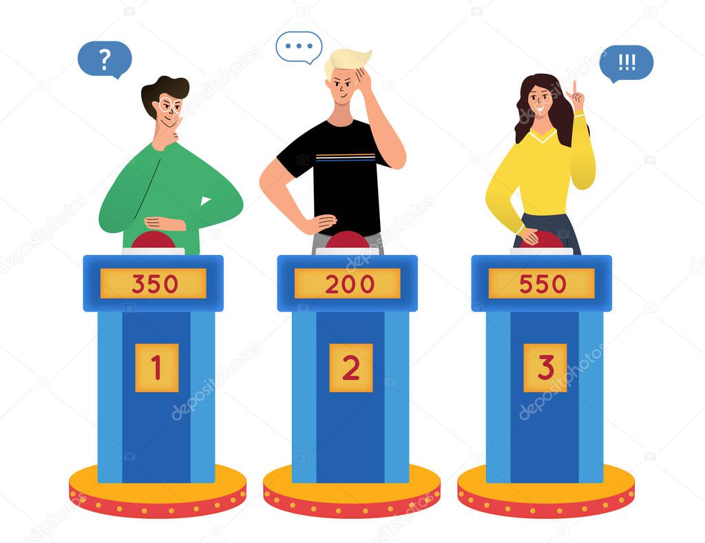 Clever intelligent people playing in TV quiz show.  Cartoon  isolated male and female characters  thinking, answering questions. Cartoon flat vector illustration.