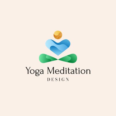 Yoga ya da meditasyon merkezi logosu. Bacak bacak üstüne atmış, dua eden ve meditasyon yapan bir adamın soyut silüetiyle vektör çizimi. Güneş, su, toprak işaretleri. 