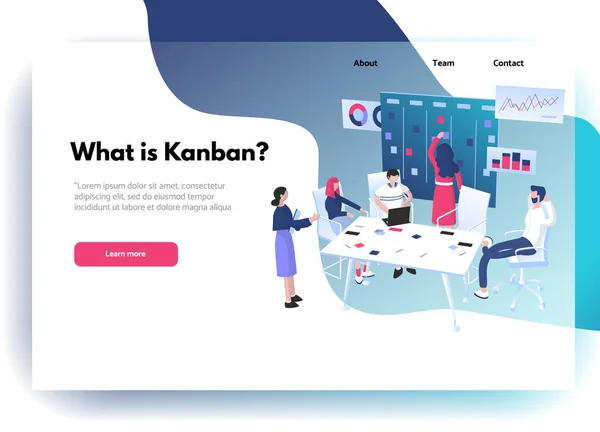 Mall för webbplatsens utformning. Agil metodik: SCRUM eller Kanban för projektledning. Grupp arbetare sitter runt bordet nära skrivbordet med klibbiga anteckningar. Vektorillustration. — Stock vektor