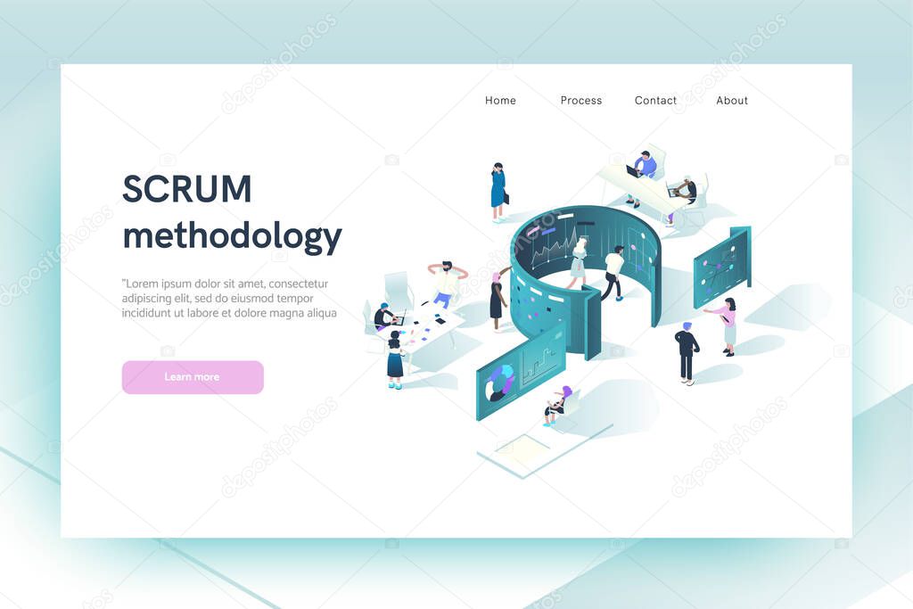 Web site design template. Header.  SCRUM methodology concept. Illustration shows how people interact in working process following the rules of Agile project management. Vector illustration.