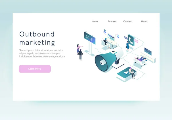Utgående marknadsföringskoncept i isometrisk design. Mall för landningssida. Online och offline affärsfrämjande och avbrott för att interagera med människor för framtida fynd. Vektorillustration — Stock vektor