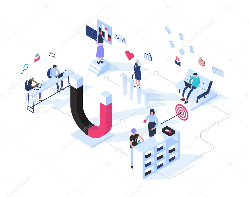 Inbound marketing concept vector illustration in isometric design. Business methodology that attracts customers by creating valuable content and experiences tailored to them. Isolated objects. 