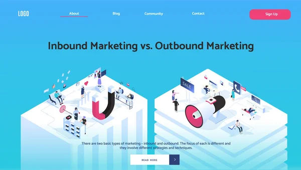 Inbound vs outbound marketing concept vector illustration in isometric design. Magnet and megaphone attract customers by different ways. Website banner or header. — Stock Vector