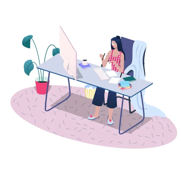 坐在办公桌前、喝茶、学习或在家工作的妇女。在线学习的概念。享受自我隔离，呆在舒适的家。平面矢量图解. — 图库矢量图片