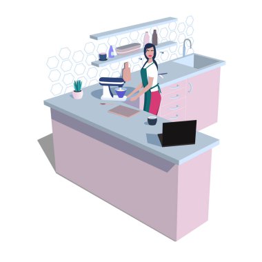 Kadın mutfakta mikserle yemek pişiriyor. Yemek yapmayı öğreniyor, dizüstü bilgisayar başında ders izliyor. Moda İskandinav iç mimarisi. Kadın hobi konsepti. Vektör illüstrasyonu.