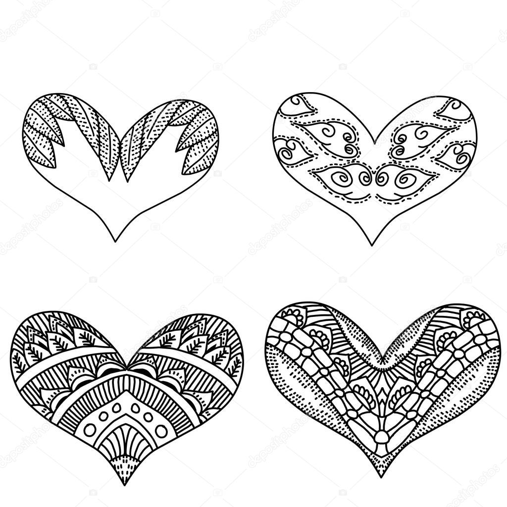 Set of decoration patterned heart with style mandalas 