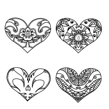 Set of sketch Decoration patterned hearts with style mandalas 