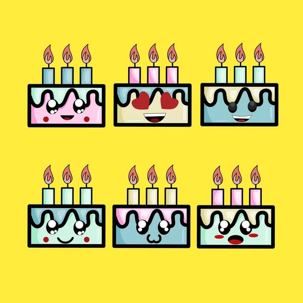Set Birthday Torta Karakter Sárga Háttér — Stock Vector