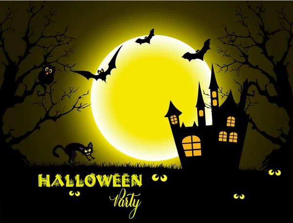 Noche de Halloween fondo con luna llena y gato negro . — Archivo Imágenes Vectoriales