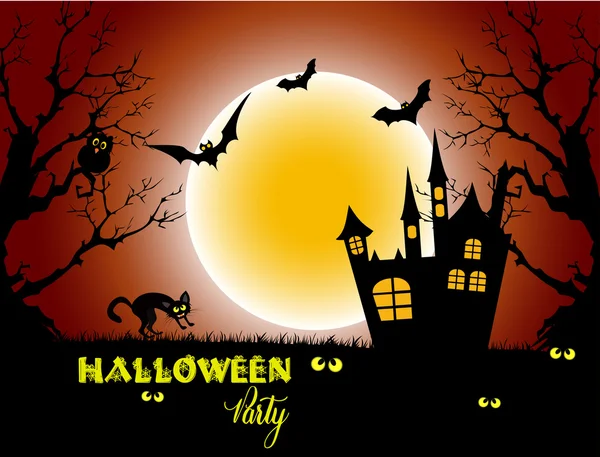 Halloween night tło z pełni księżyca i czarny kot. — Wektor stockowy