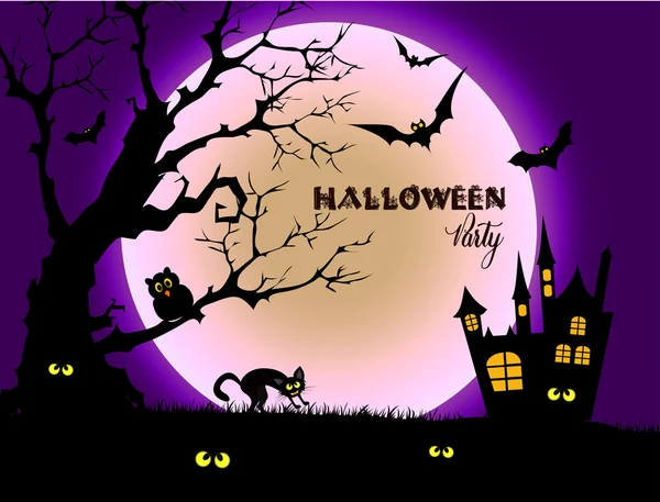 Halloween-Nacht Hintergrund mit Vollmond und schwarzer Katze. — Stockvektor