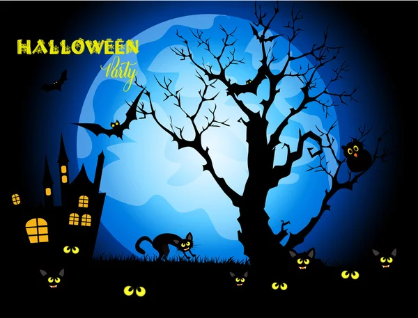 Halloween sfondo notte con luna piena e gatto nero . — Vettoriale Stock