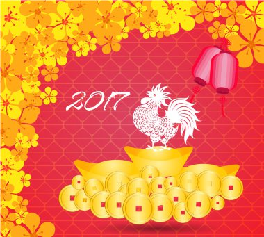 mutlu Çin yeni yılı 2017 kart altın sikke para, fenerler, Erik çiçeği