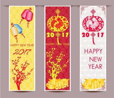 Çin yeni yılı için horoz ayarla üç dikey afiş     