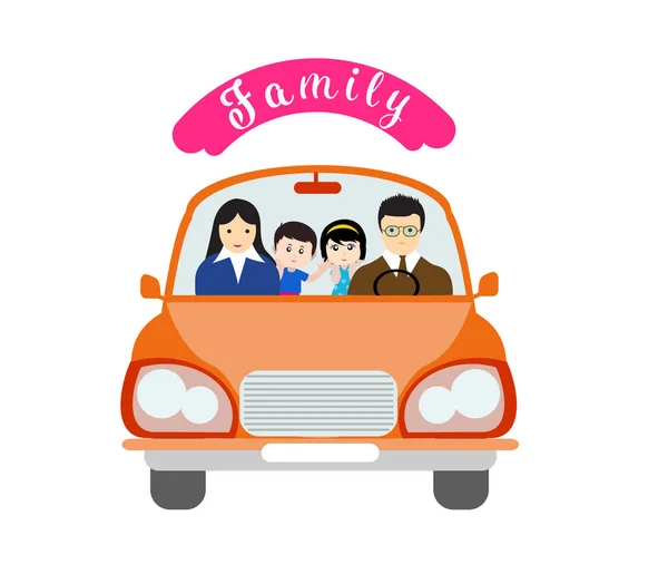 Illustration d'une grande famille heureuse en voiture . — Image vectorielle