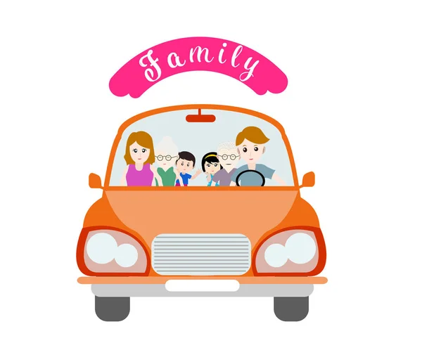 Ilustração de uma grande família feliz no carro . — Vetor de Stock