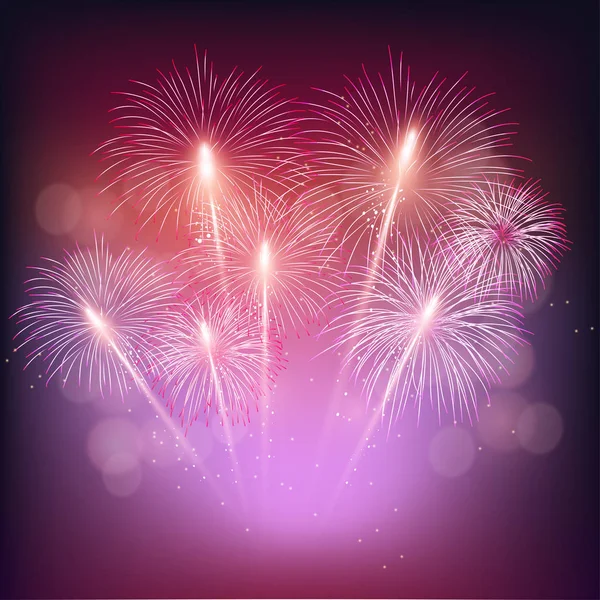 Színes, fényes, reális tűzijáték csomó háttér az új év, és július 4. — Stock Vector