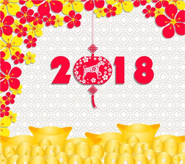Felice anno nuovo cinese 2018 carta è monete d'oro denaro - anno di cane . — Vettoriale Stock