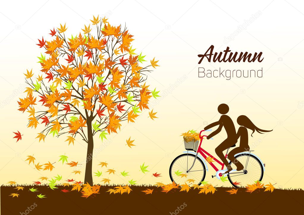 Autumn background with a tree and a bicycle. Vector