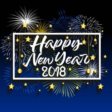 Mutlu yeni yıl 2018. Noel. El hat tipografi ve havai fişek.