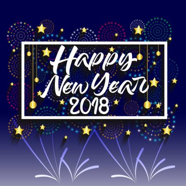 Mutlu yeni yıl 2018. Noel. El hat tipografi ve havai fişek.