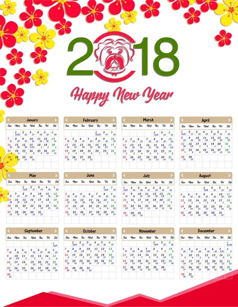 Holdnaptár, a kínai naptár boldog új év 2018 év a kutya. — Stock Vector