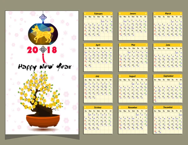 Lunární kalendář, čínský kalendář pro šťastný nový rok 2018 rok psa. — Stockový vektor