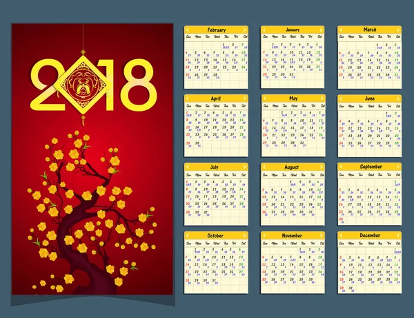 Calendario lunare, calendario cinese per felice anno nuovo 2018 anno del cane . — Vettoriale Stock