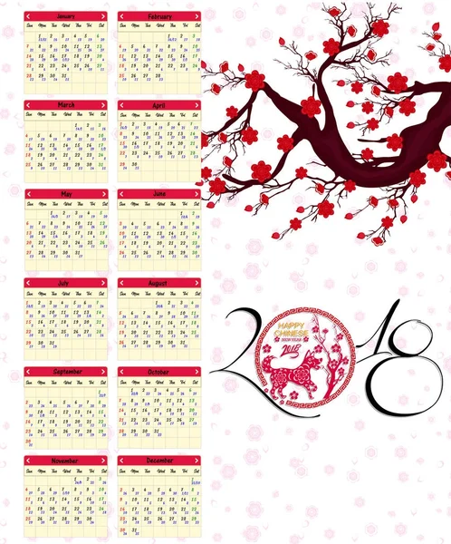 Maankalender, Chinese kalender voor happy New Year 2018 jaar van de hond. — Stockvector