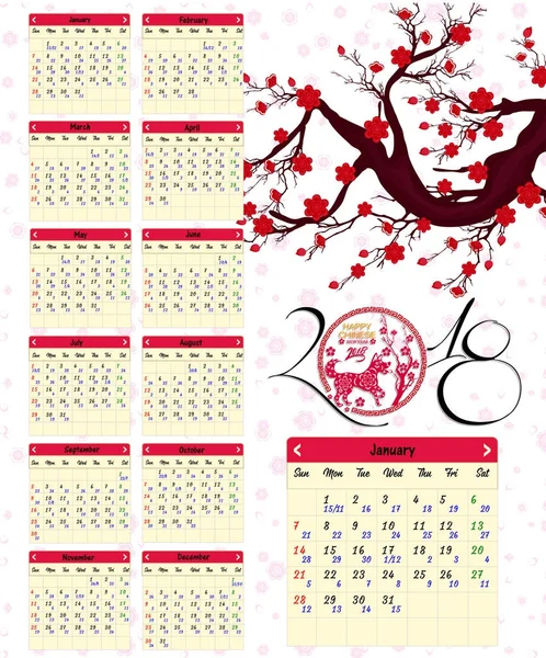 Calendrier lunaire, calendrier chinois pour bonne année 2018 année du chien . — Image vectorielle
